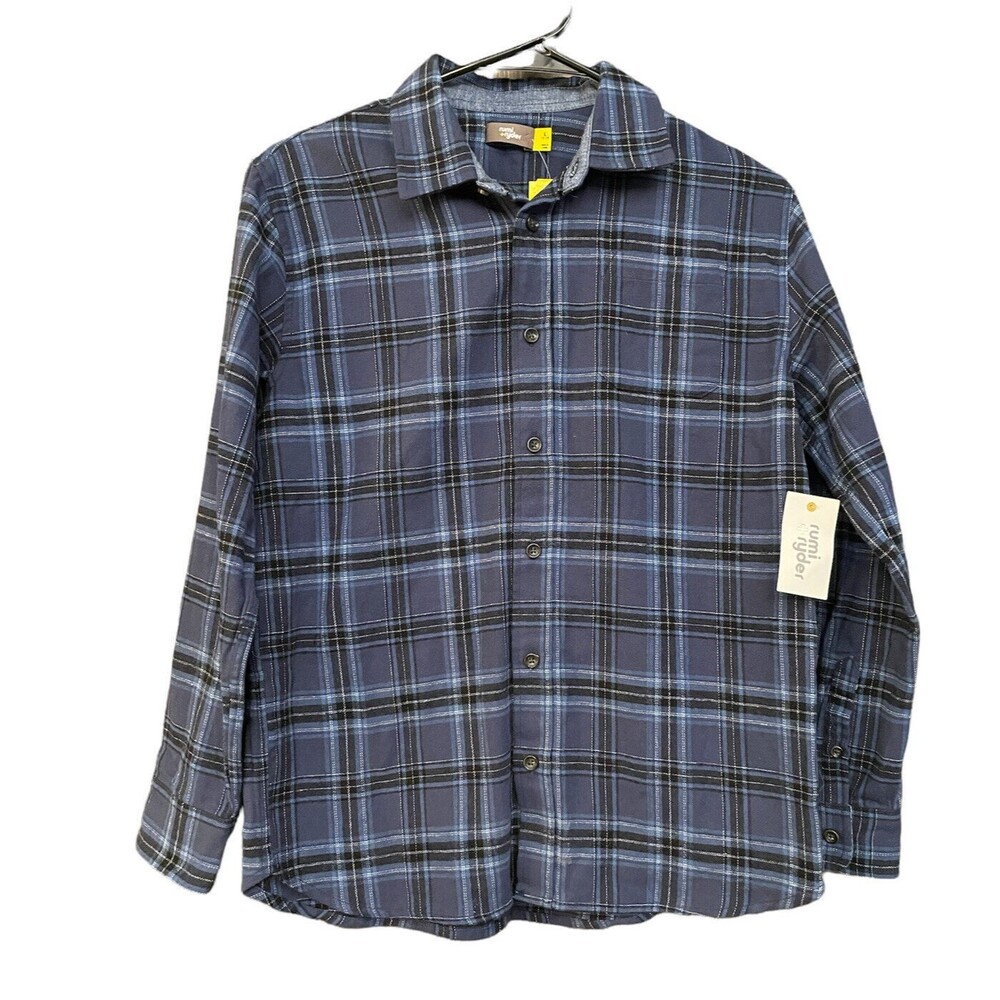NWT Rumi + Ryder Boys Button Front Long Sleeve Blue Plaid Cotton Shirt Size L
